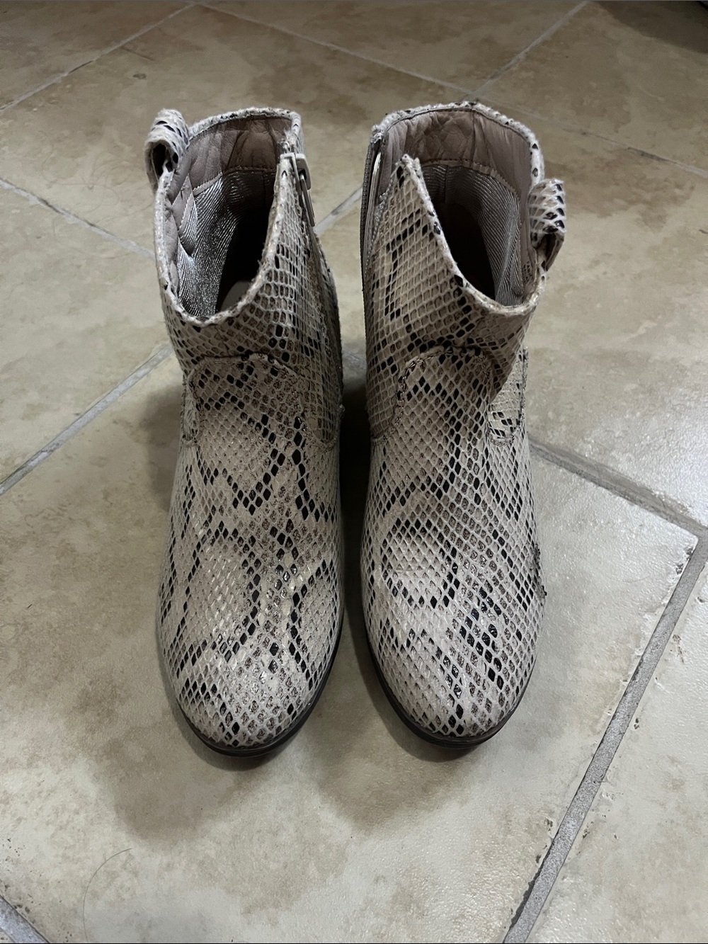 True Craft Light Beige and Black Snake-Print Ankle Booties